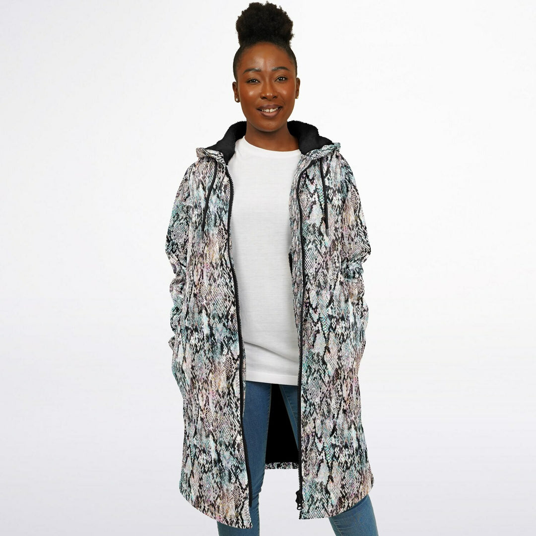 Prism Python Cuddle Coat | Unisex Minky Sherpa Lined Coat with Hood, Zipper and Pockets | Women and Mens Festival Coat | Mountain Fashion