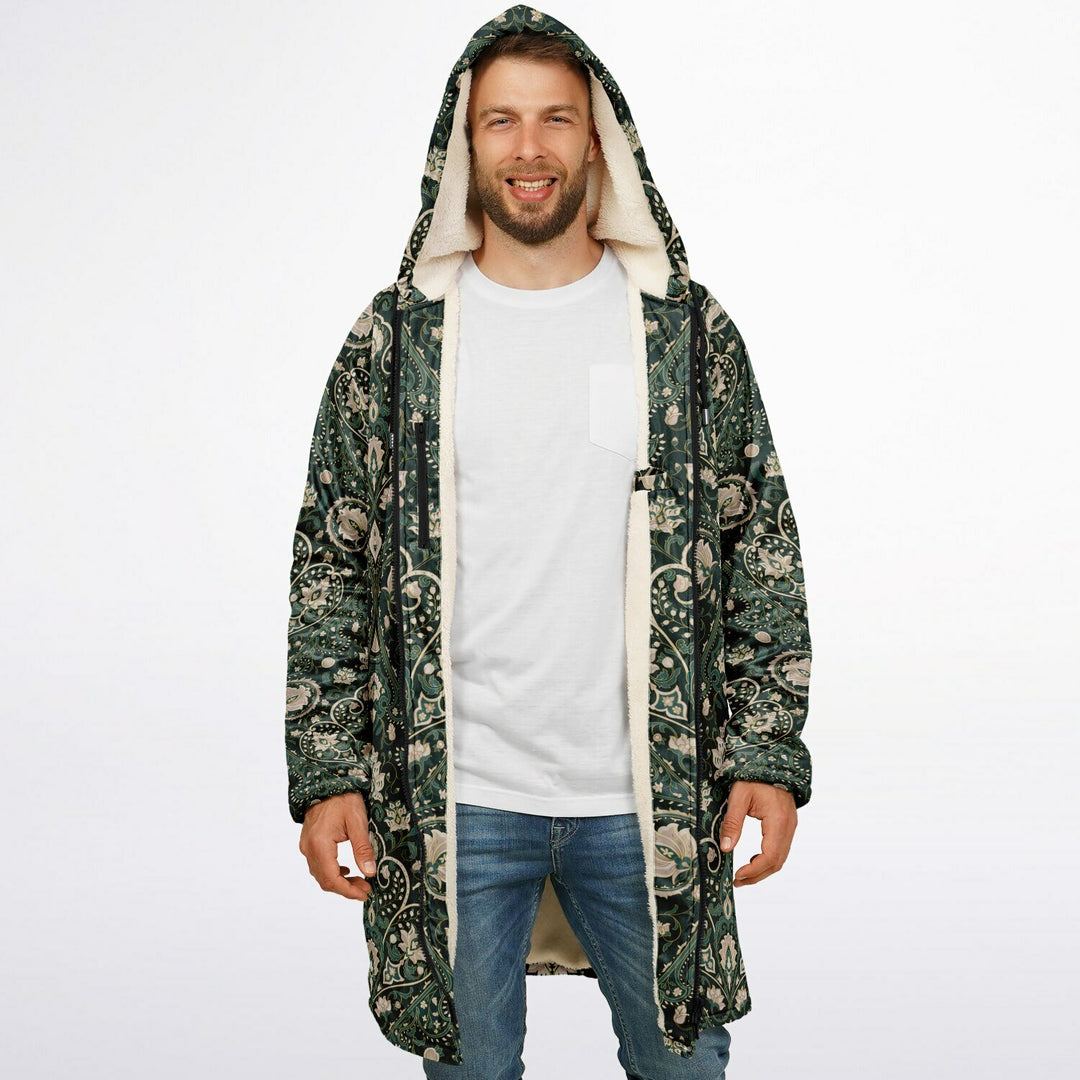 Green Persian Carpet Cuddle Coat | Unisex Minky Sherpa Lined Coat with Hood, Zipper and Pockets | Women and Mens Festival Coat | Mountain Fashion