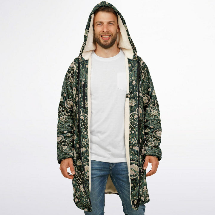 Green Persian Carpet Cuddle Coat | Unisex Minky Sherpa Lined Coat with Hood, Zipper and Pockets | Women and Mens Festival Coat | Mountain Fashion