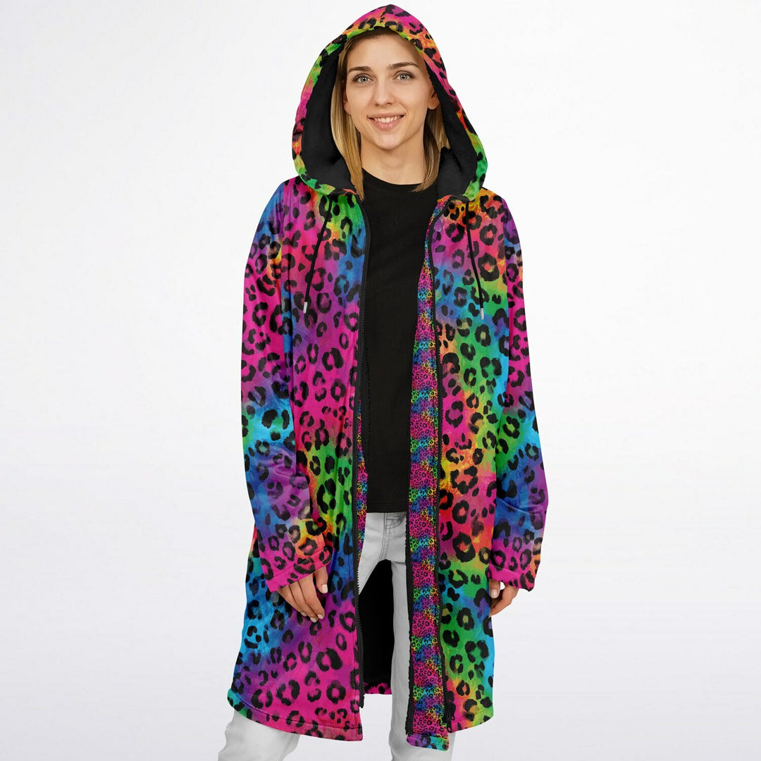 Rainbow Kitty Cuddle Coat | Unisex Minky Sherpa Lined Coat with Hood, Zipper and Pockets | Women and Mens Festival Coat | Mountain Fashion