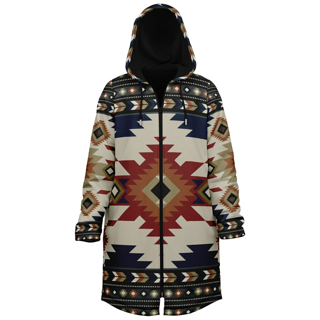 Izel Aztec Tribal Cuddle Coat | Unisex Minky Sherpa Lined Coat with Hood, Zipper and Pockets | Women and Mens Festival Coat | Mountain Fashion