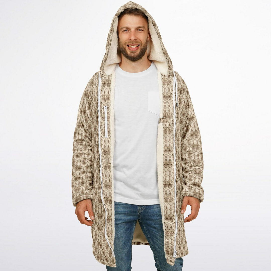 Cream Baroque Cuddle Coat | Unisex Minky Sherpa Lined Coat with Hood, Zipper and Pockets | Women and Mens Festival Coat | Mountain Fashion