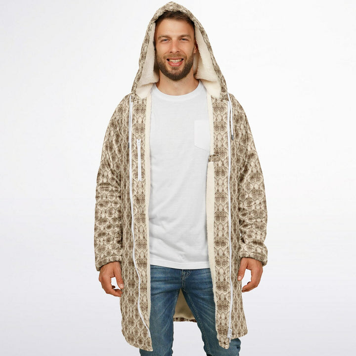 Cream Baroque Cuddle Coat | Unisex Minky Sherpa Lined Coat with Hood, Zipper and Pockets | Women and Mens Festival Coat | Mountain Fashion