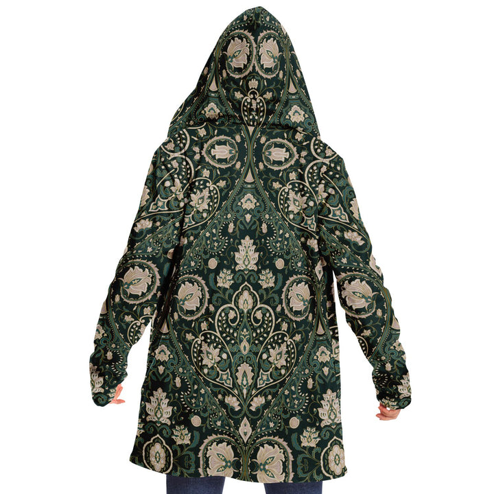 Green Persian Carpet Cuddle Cloak | Unisex Minky Sherpa Lined Coat with Hood, Zipper and Pockets | Women and Mens Festival Coat | Mountain Fashion