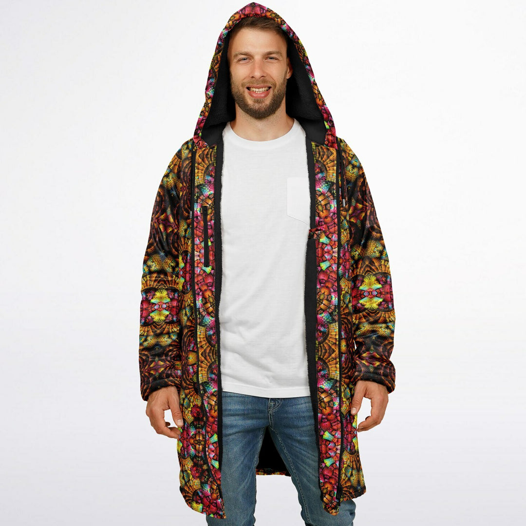 Fractal Glass Cuddle Coat | Unisex Minky Sherpa Lined Coat with Hood, Zipper and Pockets | Women and Mens Festival Coat | Mountain Fashion