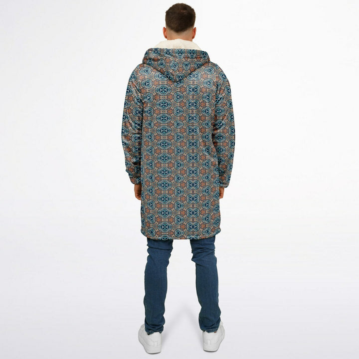 Mystic Mirror Cuddle Coat | Orang, Blue Face | Unisex Minky Sherpa Lined Coat with Hood, Zipper and Pockets | Women and Mens Festival Coat | Mountain Fashion