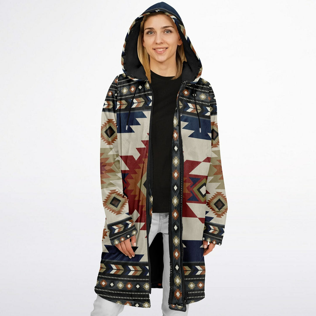 Izel Aztec Tribal Cuddle Coat | Unisex Minky Sherpa Lined Coat with Hood, Zipper and Pockets | Women and Mens Festival Coat | Mountain Fashion