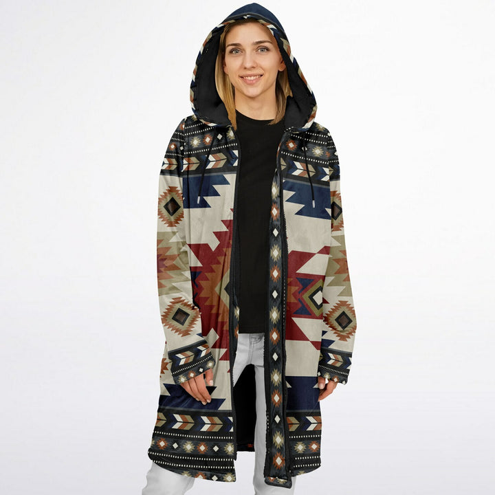 Izel Aztec Tribal Cuddle Coat | Unisex Minky Sherpa Lined Coat with Hood, Zipper and Pockets | Women and Mens Festival Coat | Mountain Fashion