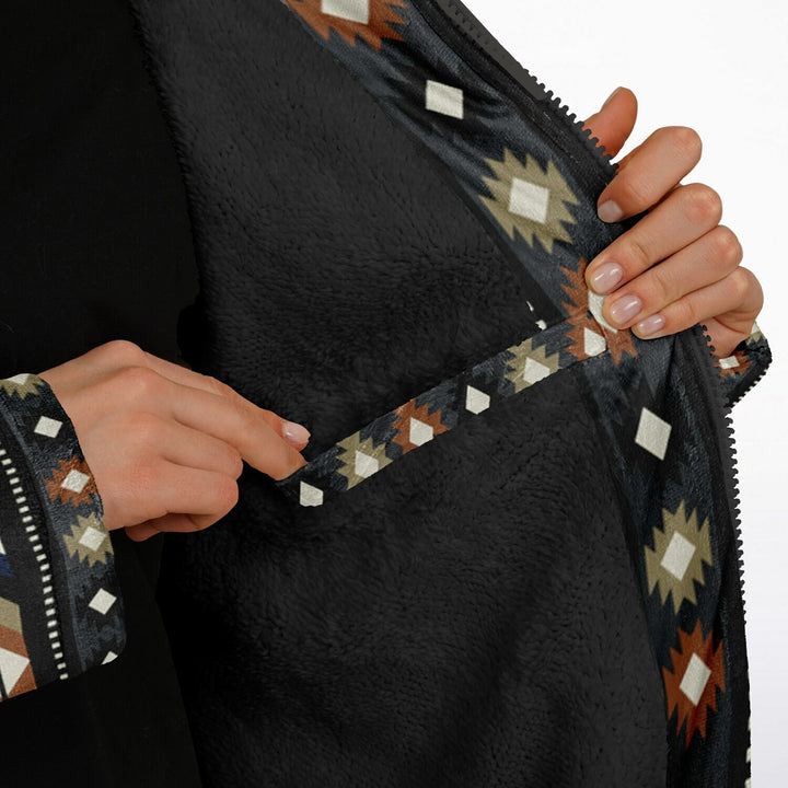 Izel Aztec Tribal Cuddle Coat | Unisex Minky Sherpa Lined Coat with Hood, Zipper and Pockets | Women and Mens Festival Coat | Mountain Fashion