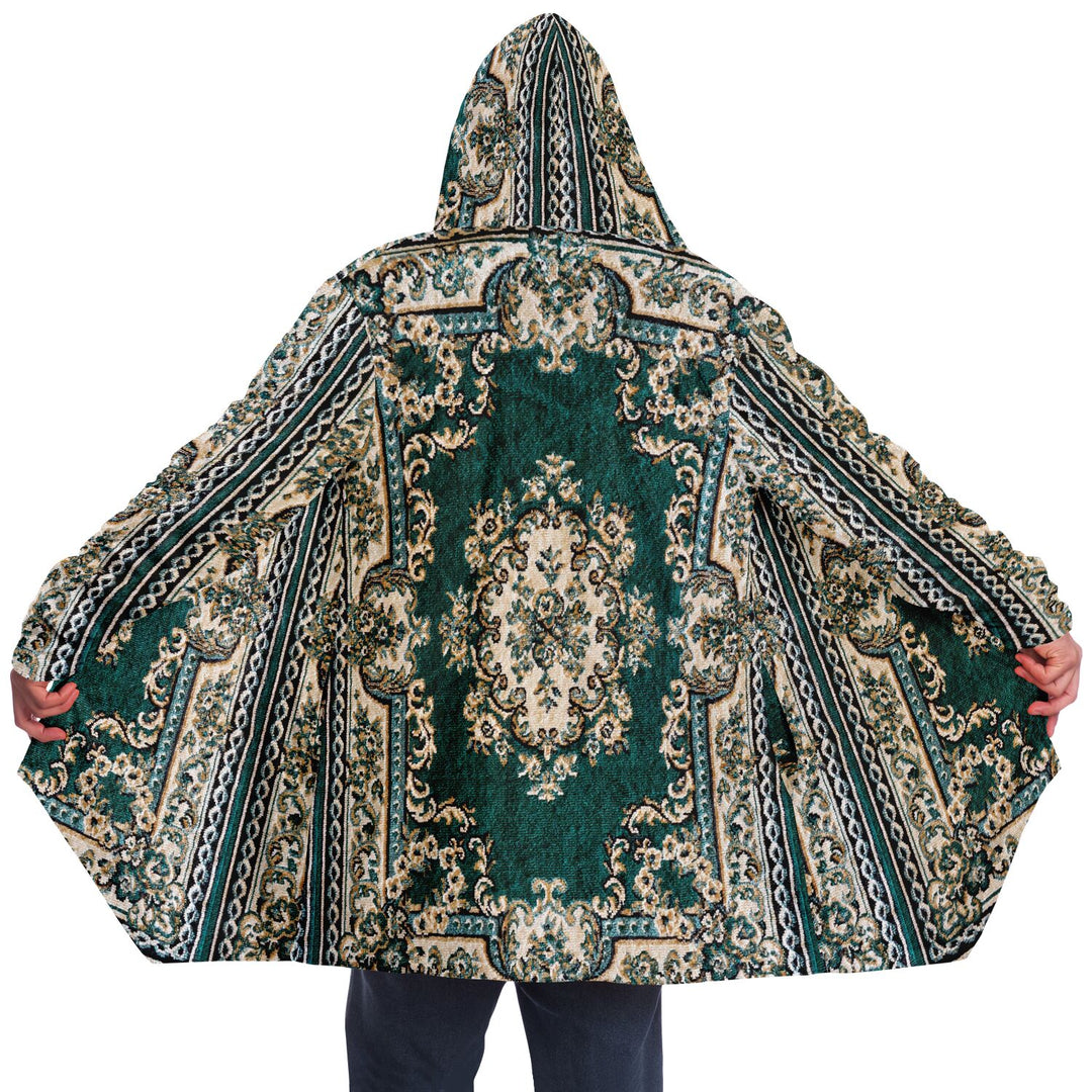 Emerald Green Persian Carpet Cuddle Cloak | Unisex Minky Sherpa Hooded Coat | Women and Mens Festival Coat | Mountain Fashion