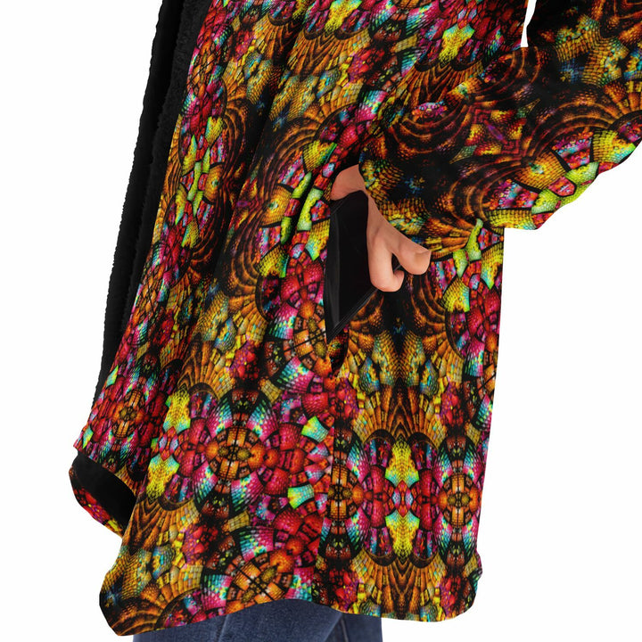 Fractal Glass Cuddle Cloak | Unisex Minky Sherpa Lined Hooded Coat | Women and Mens Festival Coat | Mountain Fashion
