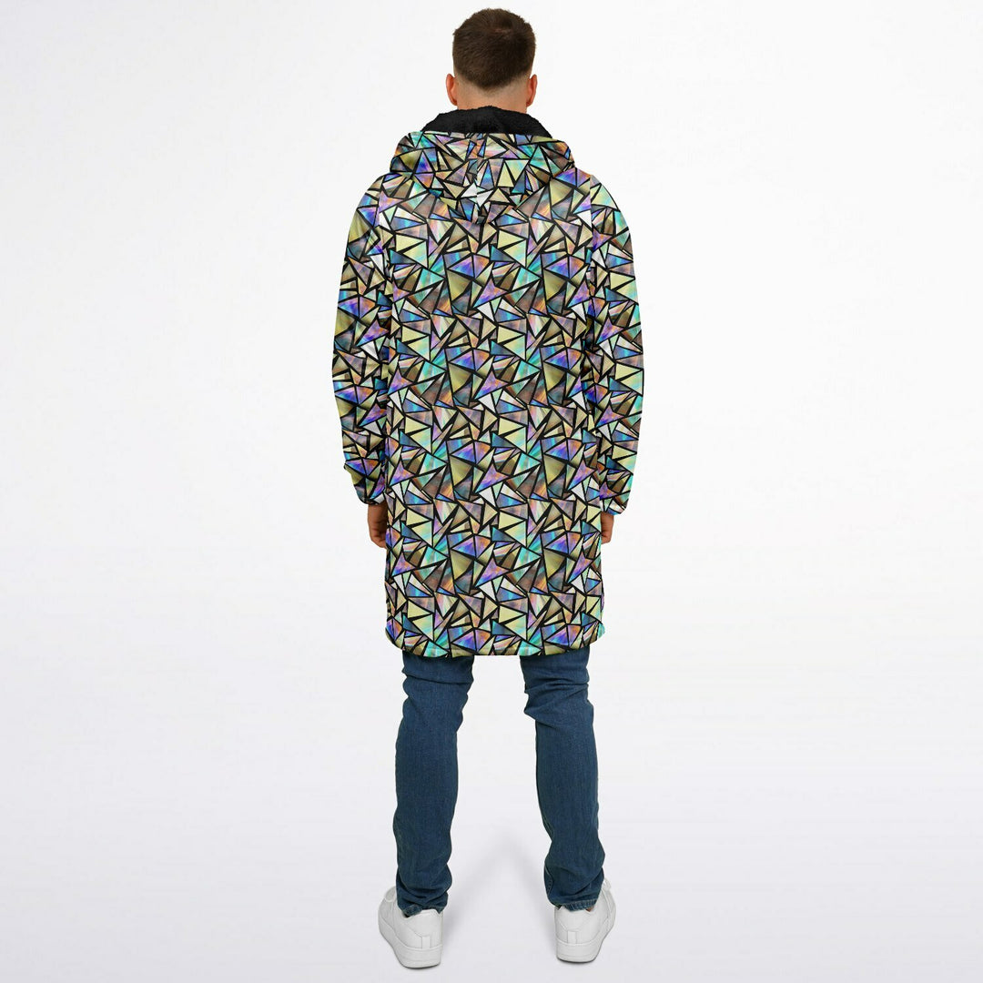 Geo Prism Cuddle Coat | Unisex Minky Sherpa Lined Coat with Hood, Zipper and Pockets | Women and Mens Festival Coat | Mountain Fashion