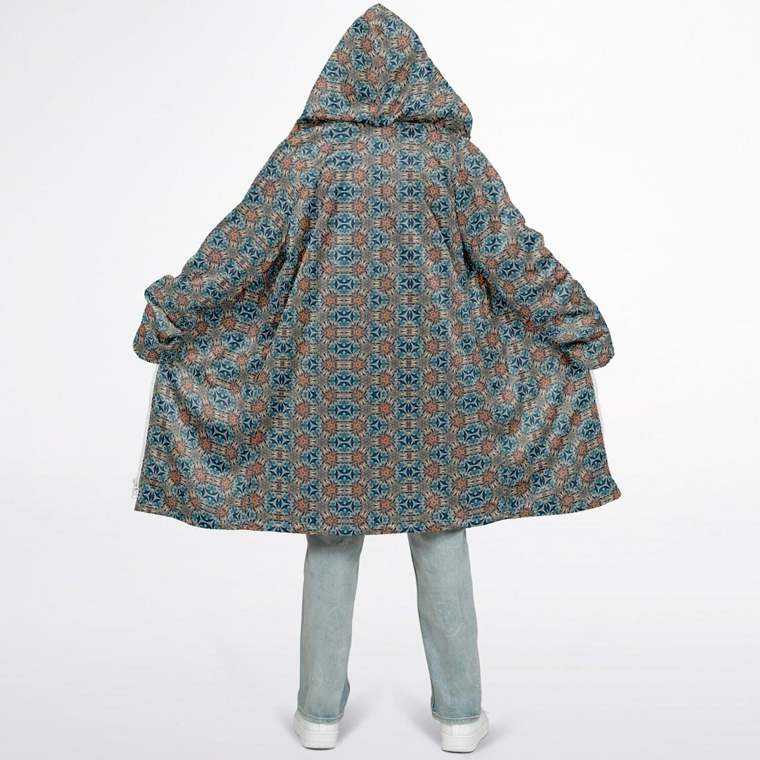 Mystic Mirror Cuddle Coat | Orang, Blue Face | Unisex Minky Sherpa Lined Coat with Hood, Zipper and Pockets | Women and Mens Festival Coat | Mountain Fashion