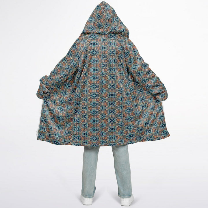 Mystic Mirror Cuddle Coat | Orang, Blue Face | Unisex Minky Sherpa Lined Coat with Hood, Zipper and Pockets | Women and Mens Festival Coat | Mountain Fashion
