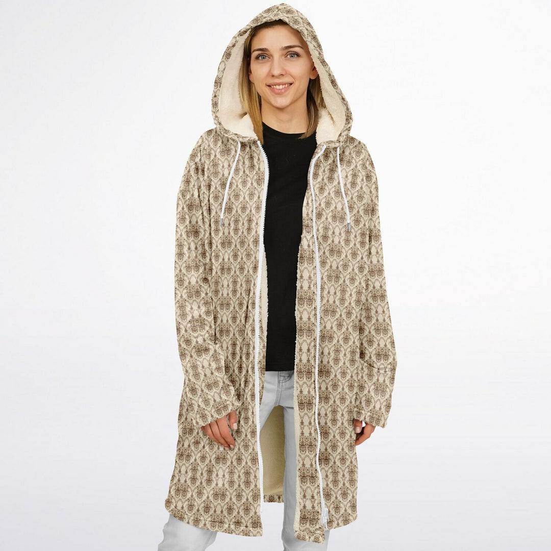 Cream Baroque Cuddle Coat | Unisex Minky Sherpa Lined Coat with Hood, Zipper and Pockets | Women and Mens Festival Coat | Mountain Fashion