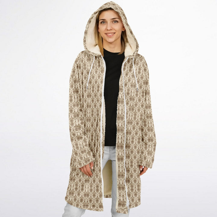 Cream Baroque Cuddle Coat | Unisex Minky Sherpa Lined Coat with Hood, Zipper and Pockets | Women and Mens Festival Coat | Mountain Fashion