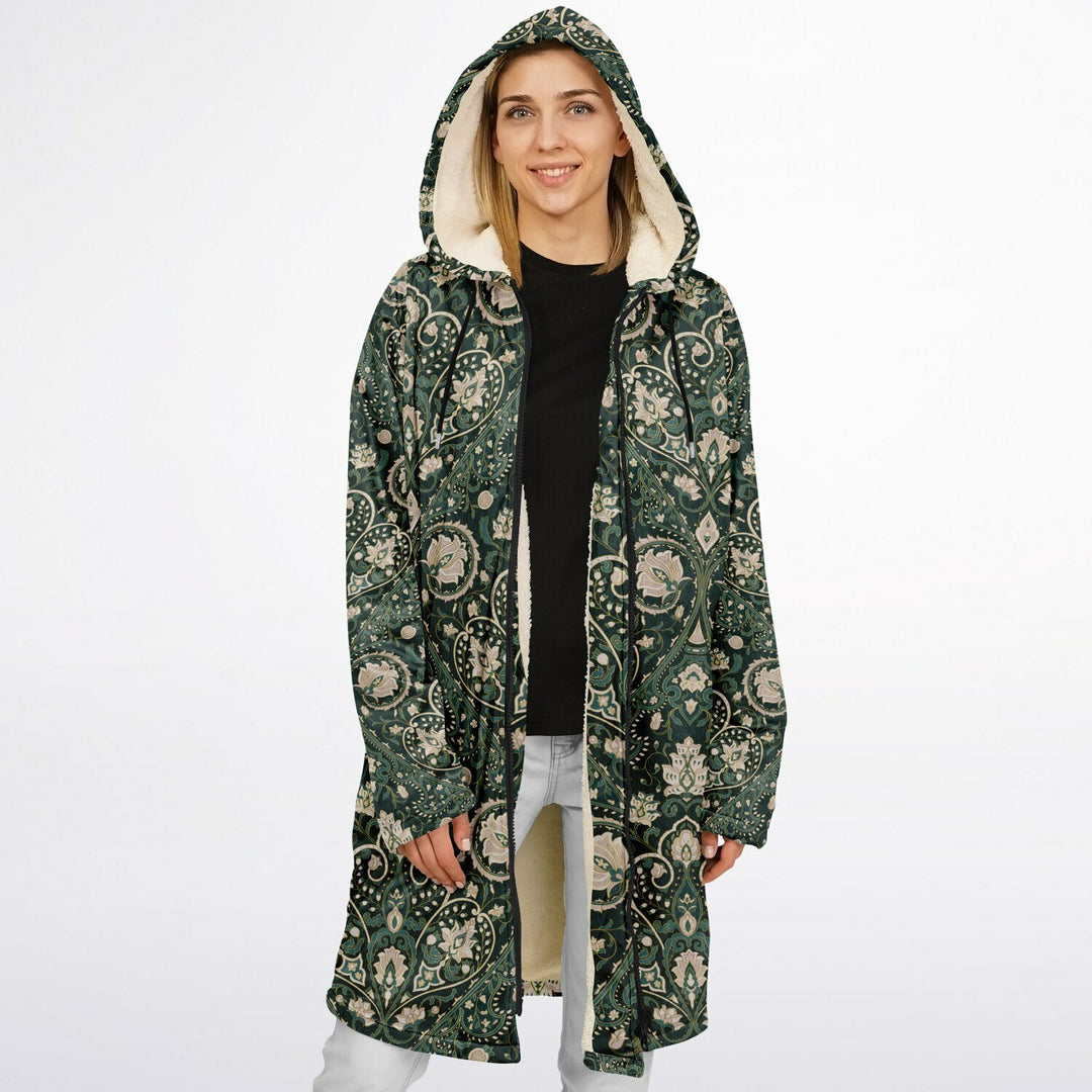 Green Persian Carpet Cuddle Coat | Unisex Minky Sherpa Lined Coat with Hood, Zipper and Pockets | Women and Mens Festival Coat | Mountain Fashion