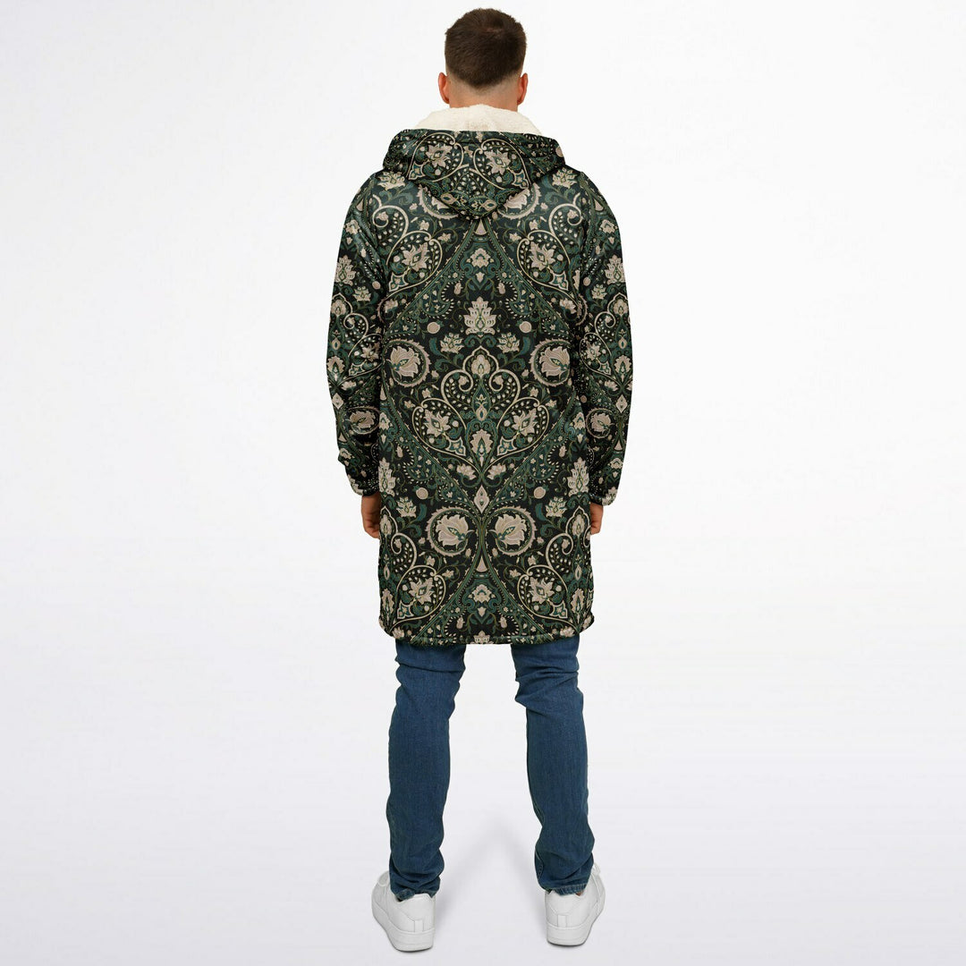 Green Persian Carpet Cuddle Coat | Unisex Minky Sherpa Lined Coat with Hood, Zipper and Pockets | Women and Mens Festival Coat | Mountain Fashion