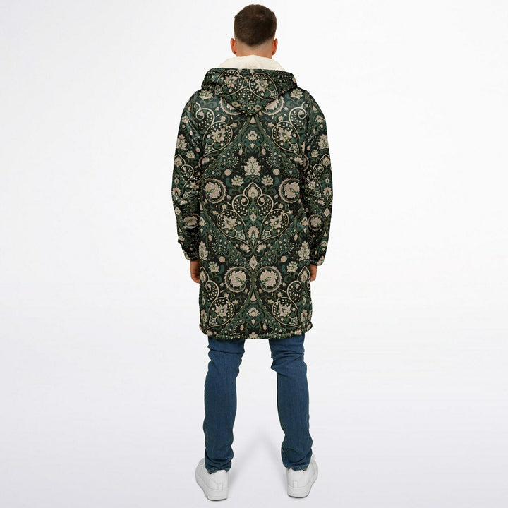 Green Persian Carpet Cuddle Coat | Unisex Minky Sherpa Lined Coat with Hood, Zipper and Pockets | Women and Mens Festival Coat | Mountain Fashion