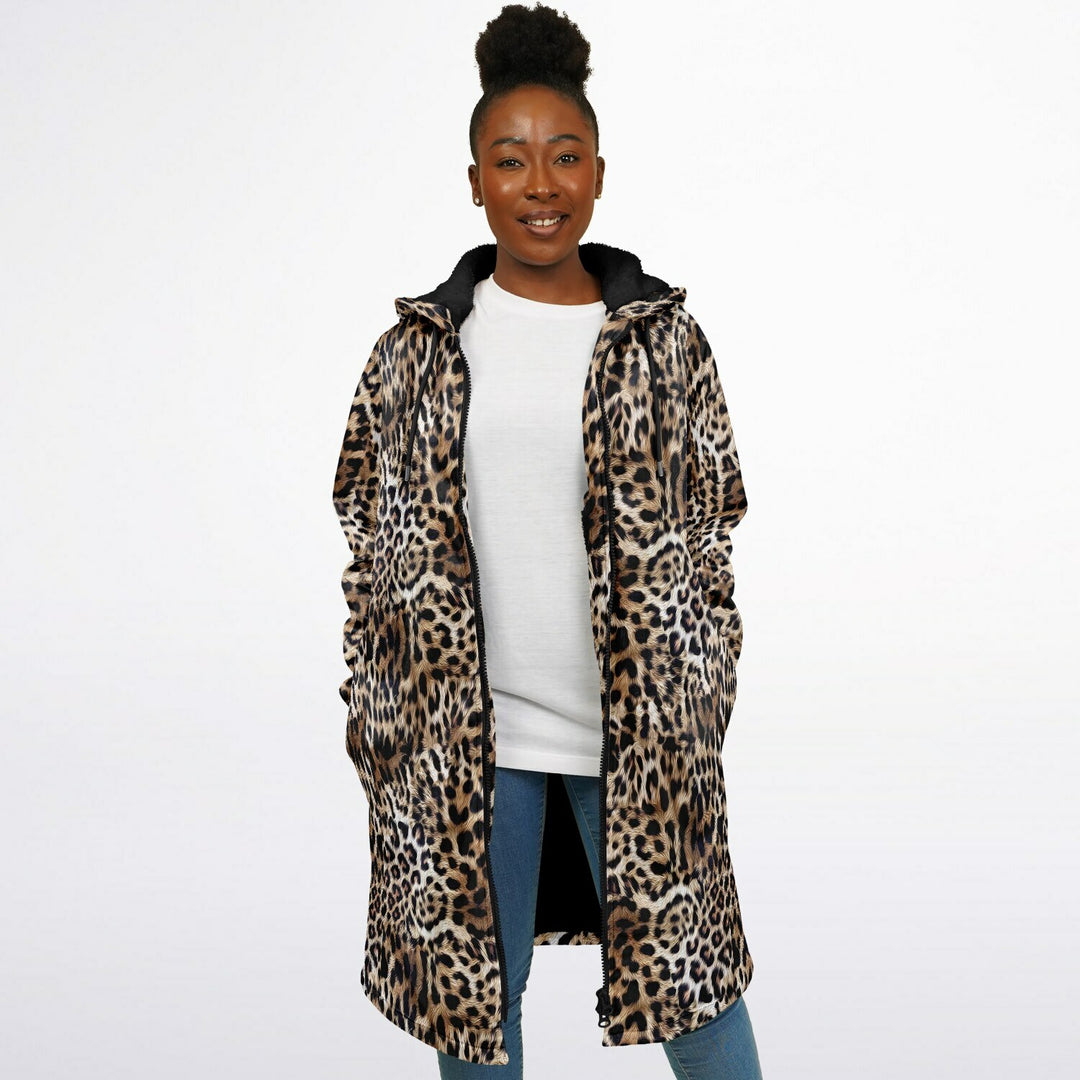 Leopard Print Cuddle Coat | Unisex Minky Sherpa Lined Coat with Hood, Zipper and Pockets | Women and Mens Festival Coat | Mountain Fashion