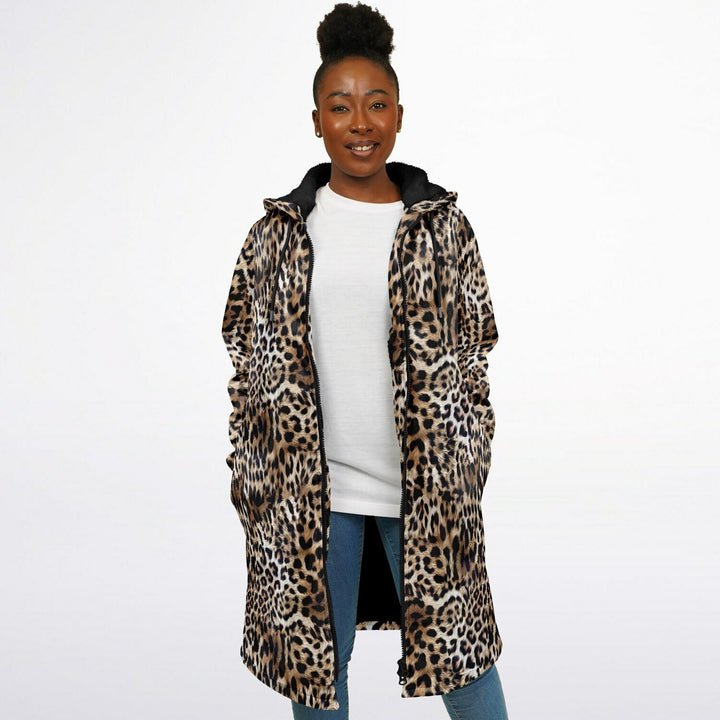 Leopard Print Cuddle Coat | Unisex Minky Sherpa Lined Coat with Hood, Zipper and Pockets | Women and Mens Festival Coat | Mountain Fashion