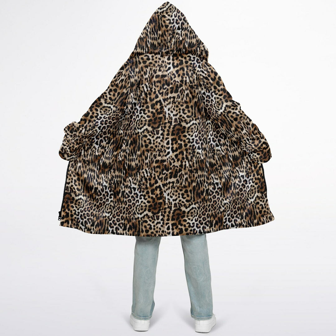 Leopard Print Cuddle Coat | Unisex Minky Sherpa Lined Coat with Hood, Zipper and Pockets | Women and Mens Festival Coat | Mountain Fashion