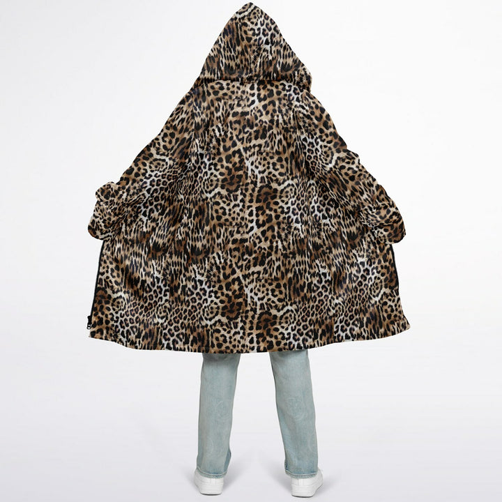 Leopard Print Cuddle Coat | Unisex Minky Sherpa Lined Coat with Hood, Zipper and Pockets | Women and Mens Festival Coat | Mountain Fashion