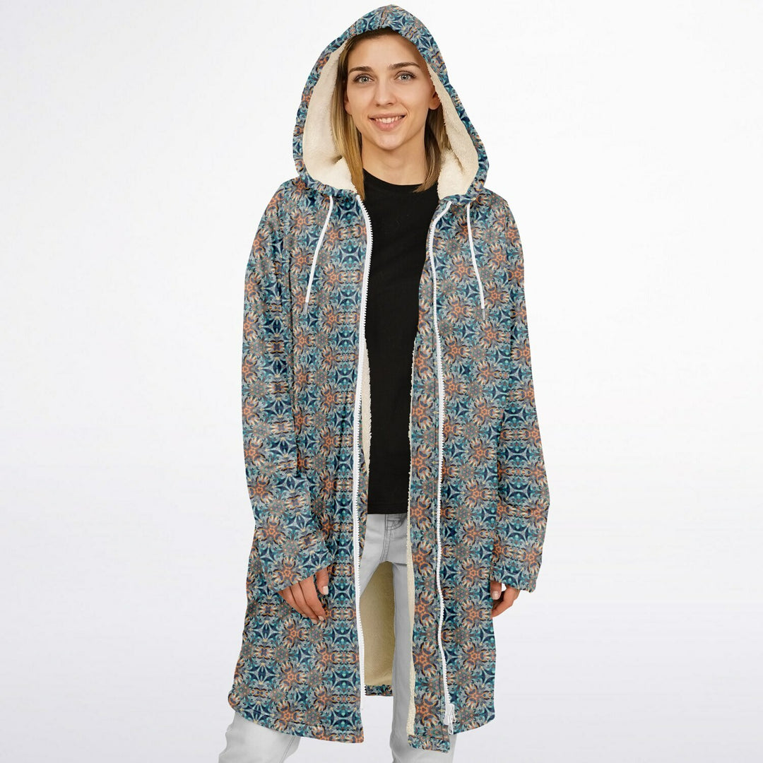 Mystic Mirror Cuddle Coat | Orang, Blue Face | Unisex Minky Sherpa Lined Coat with Hood, Zipper and Pockets | Women and Mens Festival Coat | Mountain Fashion