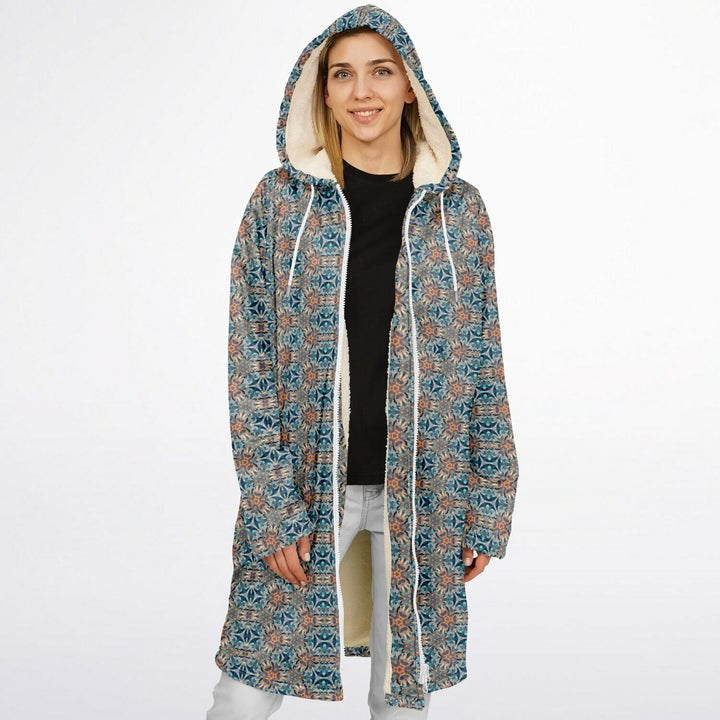 Mystic Mirror Cuddle Coat | Orang, Blue Face | Unisex Minky Sherpa Lined Coat with Hood, Zipper and Pockets | Women and Mens Festival Coat | Mountain Fashion