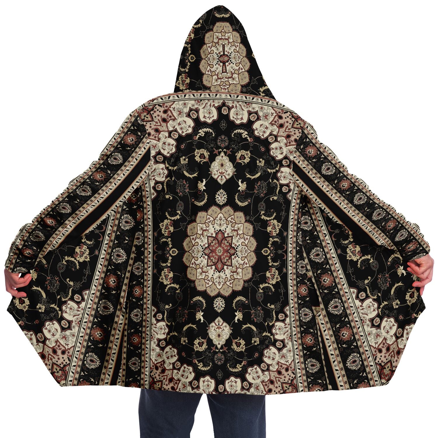 Classic Black Persian Carpet Cuddle Cloak | Unisex Minky Sherpa Lined Hooded Coat