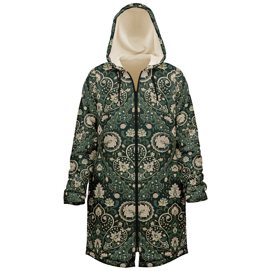Green Persian Carpet Cuddle Coat | Unisex Minky Sherpa Lined Coat with Hood, Zipper and Pockets | Women and Mens Festival Coat | Mountain Fashion