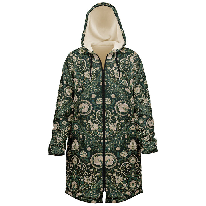 Green Persian Carpet Cuddle Coat | Unisex Minky Sherpa Lined Coat with Hood, Zipper and Pockets | Women and Mens Festival Coat | Mountain Fashion