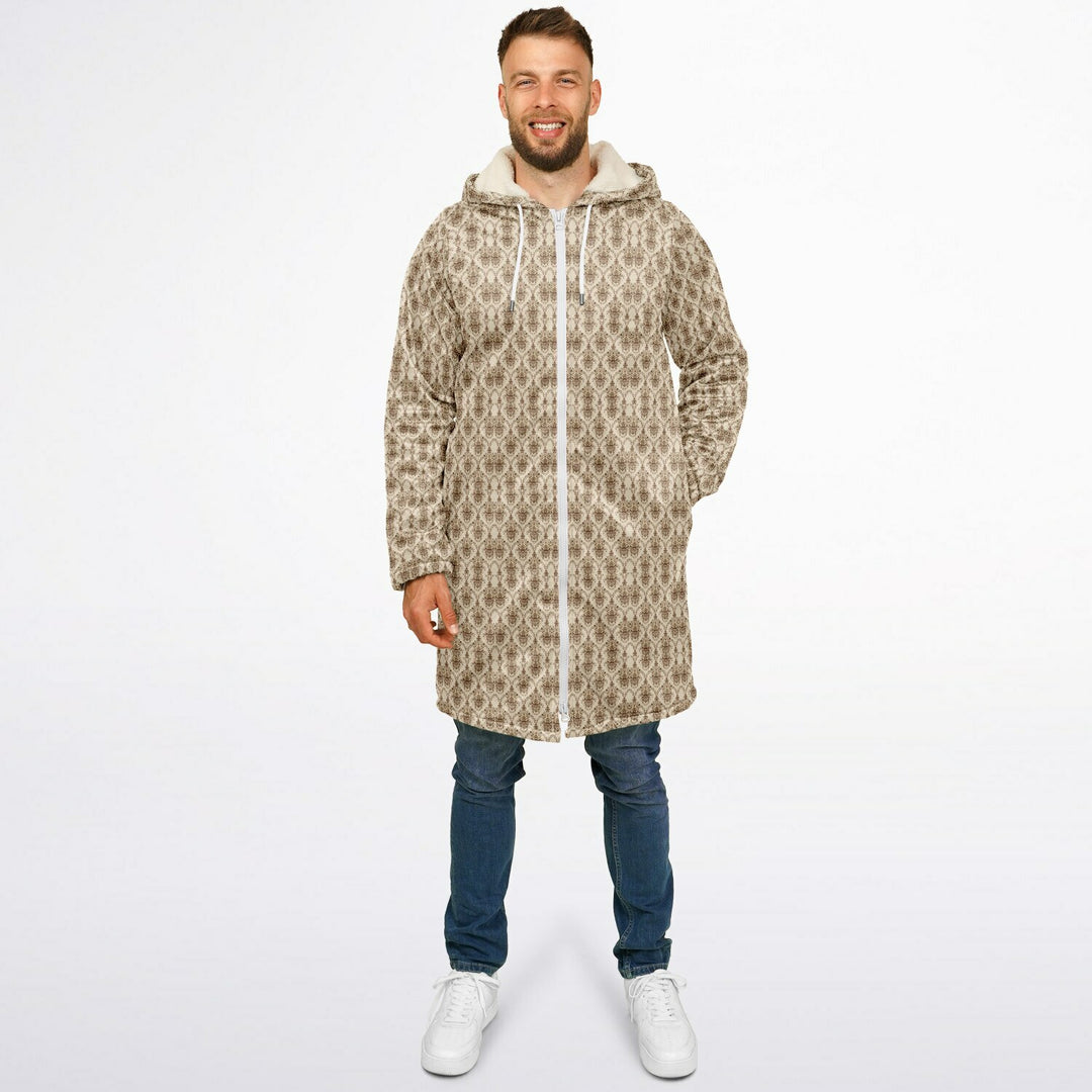 Cream Baroque Cuddle Coat | Unisex Minky Sherpa Lined Coat with Hood, Zipper and Pockets | Women and Mens Festival Coat | Mountain Fashion