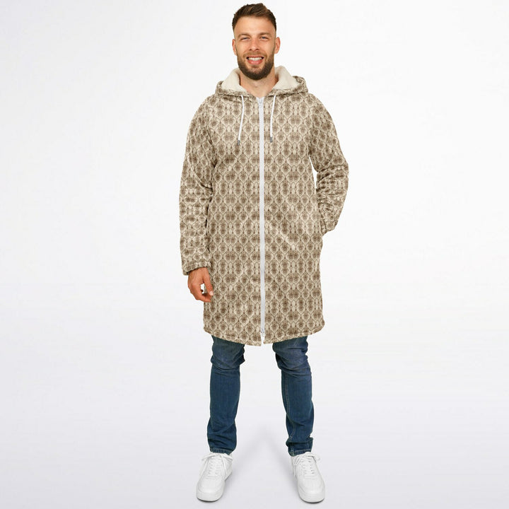 Cream Baroque Cuddle Coat | Unisex Minky Sherpa Lined Coat with Hood, Zipper and Pockets | Women and Mens Festival Coat | Mountain Fashion