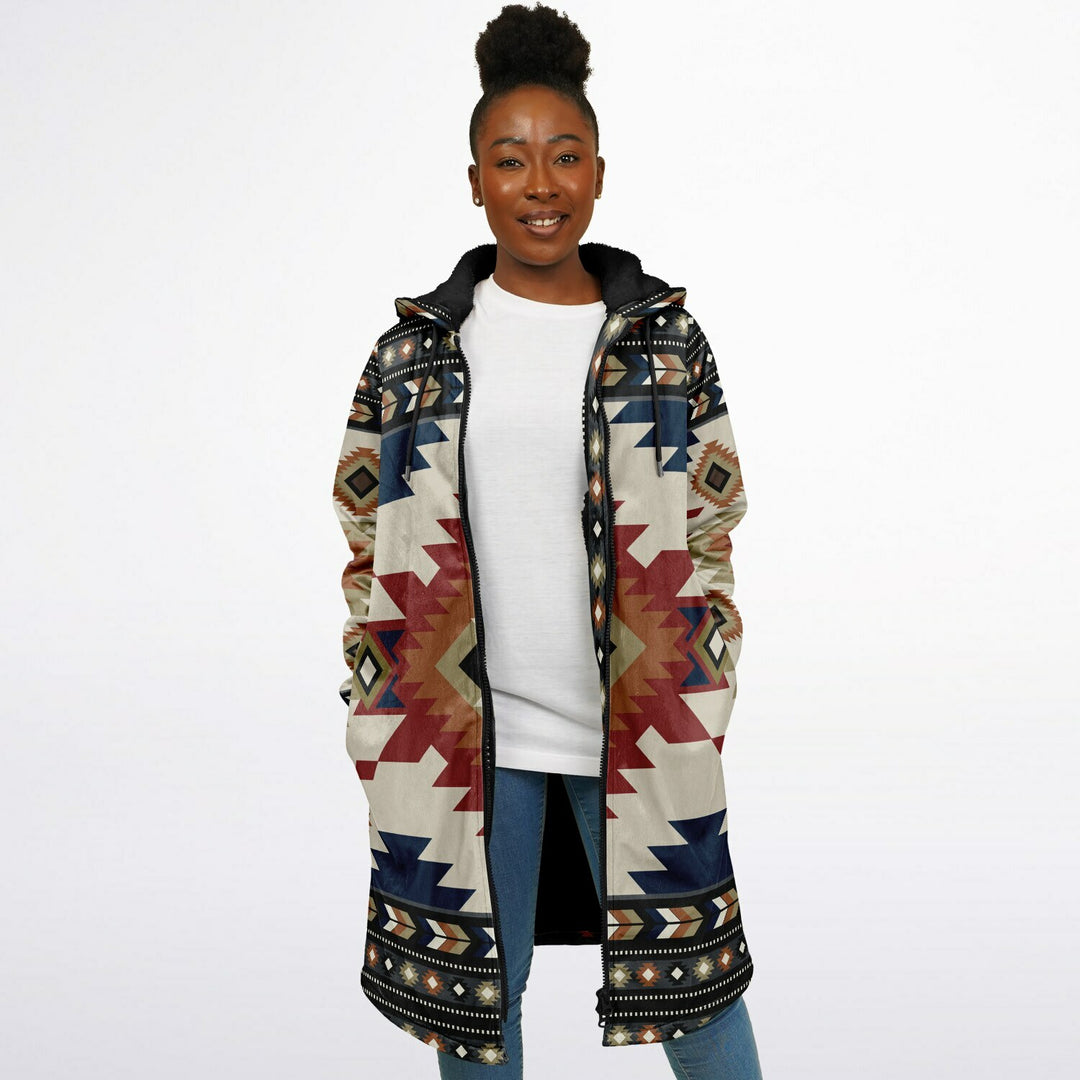 Izel Aztec Tribal Cuddle Coat | Unisex Minky Sherpa Lined Coat with Hood, Zipper and Pockets | Women and Mens Festival Coat | Mountain Fashion
