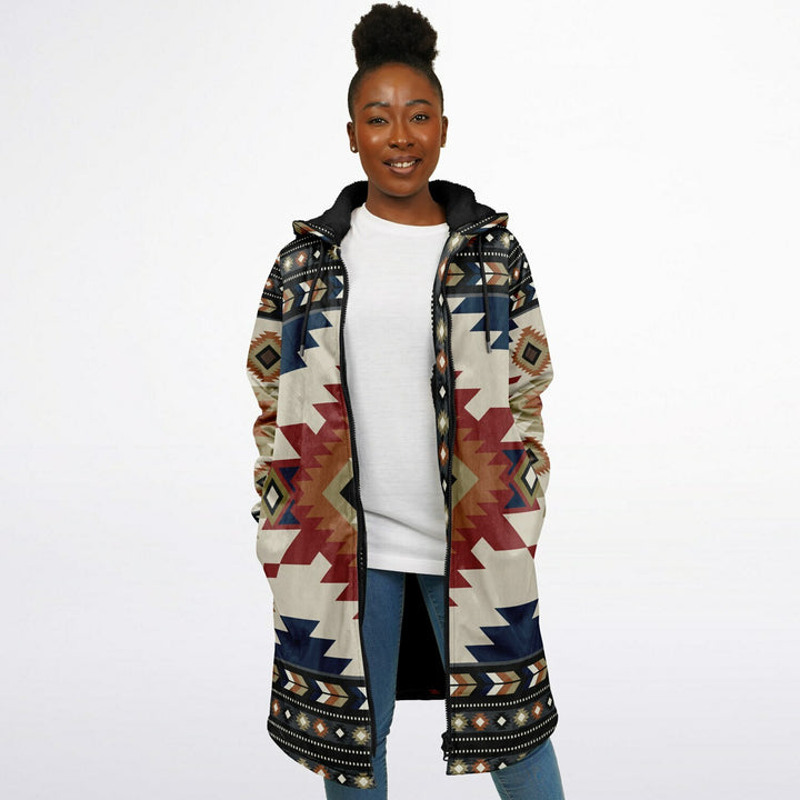 Izel Aztec Tribal Cuddle Coat | Unisex Minky Sherpa Lined Coat with Hood, Zipper and Pockets | Women and Mens Festival Coat | Mountain Fashion