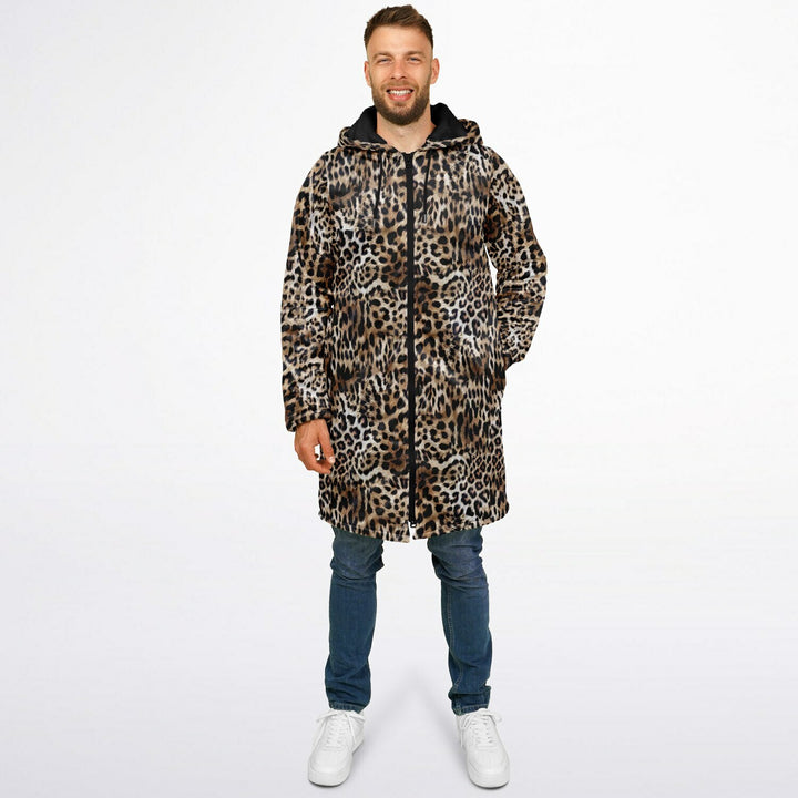 Leopard Print Cuddle Coat | Unisex Minky Sherpa Lined Coat with Hood, Zipper and Pockets | Women and Mens Festival Coat | Mountain Fashion
