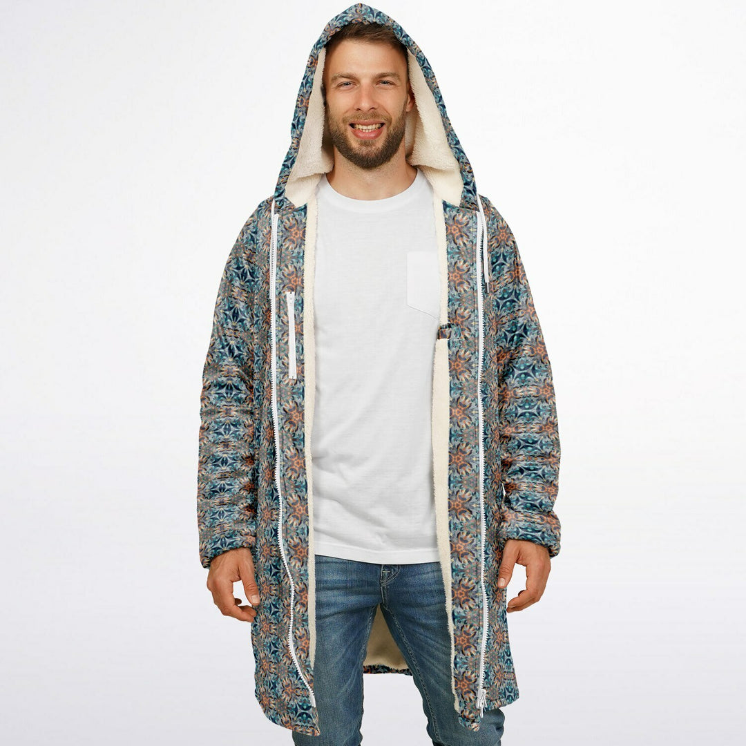 Mystic Mirror Cuddle Coat | Orang, Blue Face | Unisex Minky Sherpa Lined Coat with Hood, Zipper and Pockets | Women and Mens Festival Coat | Mountain Fashion