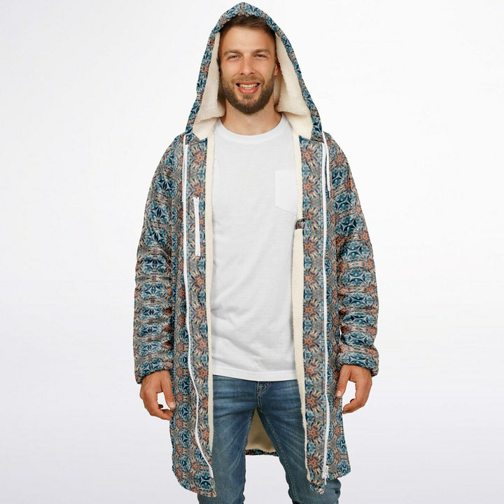 Mystic Mirror Cuddle Coat | Orang, Blue Face | Unisex Minky Sherpa Lined Coat with Hood, Zipper and Pockets | Women and Mens Festival Coat | Mountain Fashion