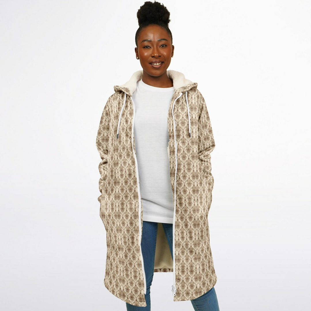 Cream Baroque Cuddle Coat | Unisex Minky Sherpa Lined Coat with Hood, Zipper and Pockets | Women and Mens Festival Coat | Mountain Fashion