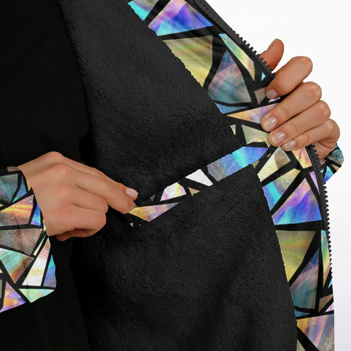 Geo Prism Cuddle Coat | Unisex Minky Sherpa Lined Coat with Hood, Zipper and Pockets | Women and Mens Festival Coat | Mountain Fashion