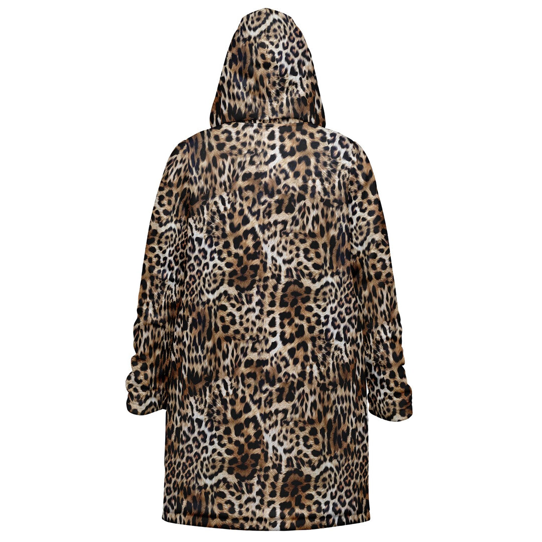 Leopard Print Cuddle Coat | Unisex Minky Sherpa Lined Coat with Hood, Zipper and Pockets | Women and Mens Festival Coat | Mountain Fashion