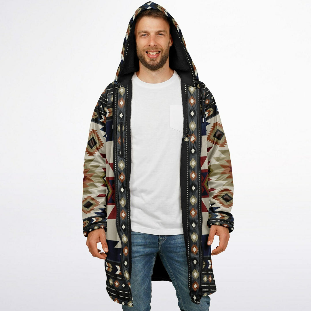 Izel Aztec Tribal Cuddle Coat | Unisex Minky Sherpa Lined Coat with Hood, Zipper and Pockets | Women and Mens Festival Coat | Mountain Fashion