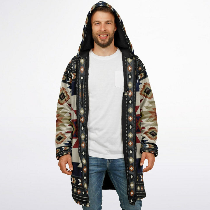 Izel Aztec Tribal Cuddle Coat | Unisex Minky Sherpa Lined Coat with Hood, Zipper and Pockets | Women and Mens Festival Coat | Mountain Fashion