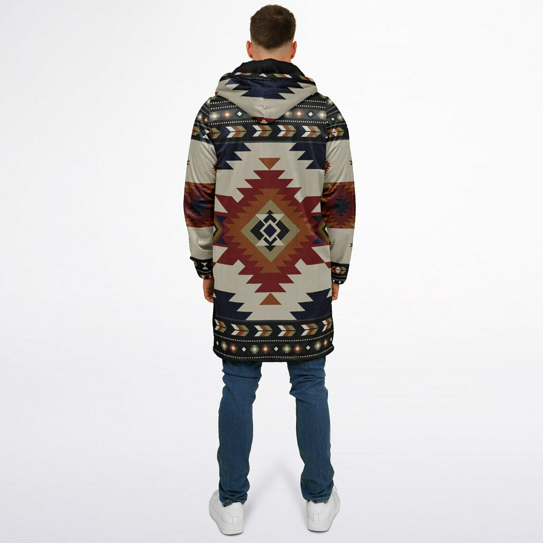 Izel Aztec Tribal Cuddle Coat | Unisex Minky Sherpa Lined Coat with Hood, Zipper and Pockets | Women and Mens Festival Coat | Mountain Fashion