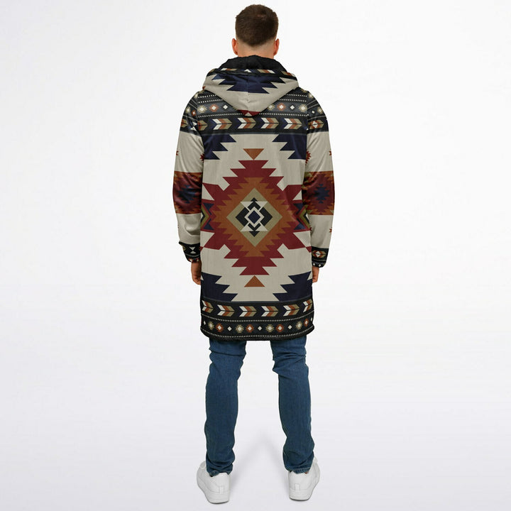 Izel Aztec Tribal Cuddle Coat | Unisex Minky Sherpa Lined Coat with Hood, Zipper and Pockets | Women and Mens Festival Coat | Mountain Fashion