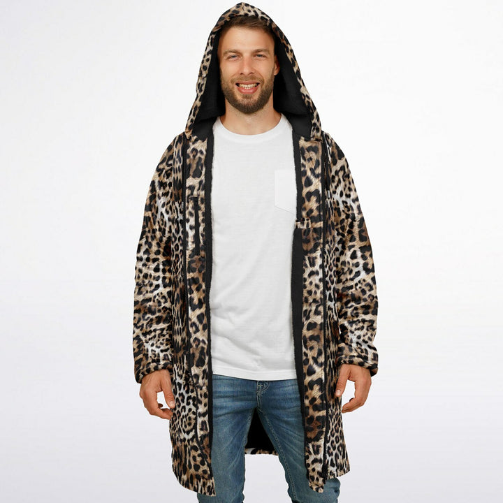 Leopard Print Cuddle Coat | Unisex Minky Sherpa Lined Coat with Hood, Zipper and Pockets | Women and Mens Festival Coat | Mountain Fashion
