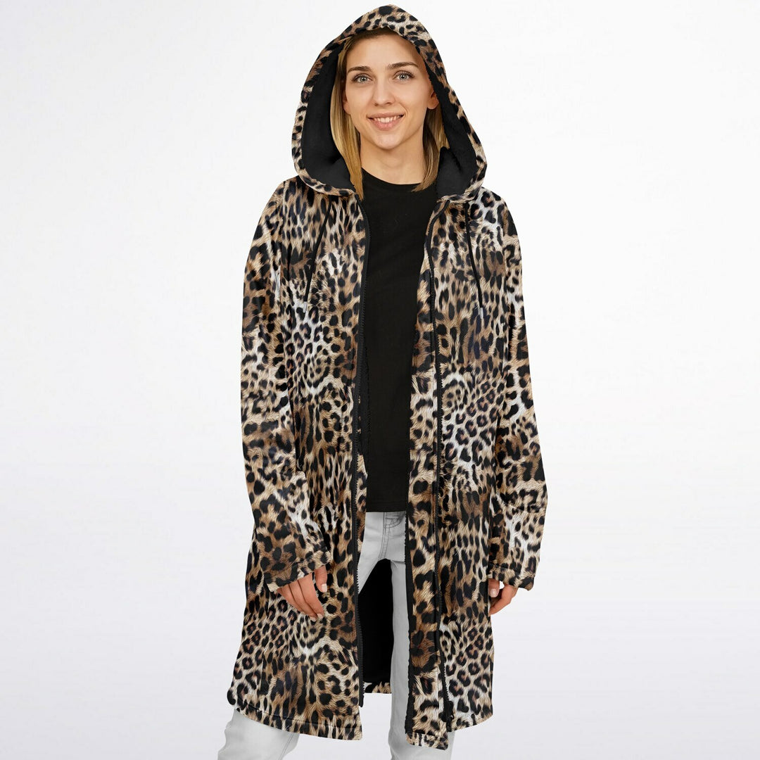 Leopard Print Cuddle Coat | Unisex Minky Sherpa Lined Coat with Hood, Zipper and Pockets | Women and Mens Festival Coat | Mountain Fashion