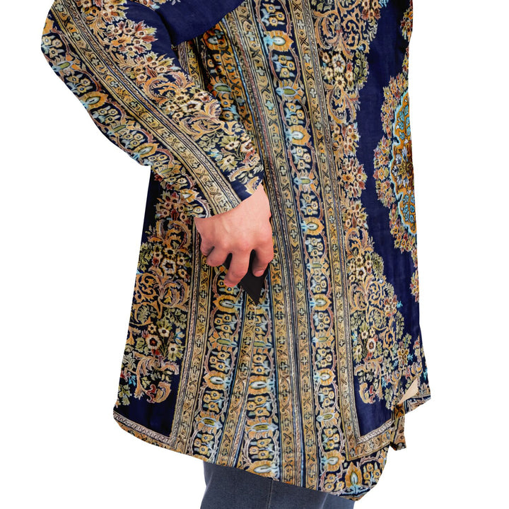 Classic Persian Carpet Cuddle Cloak | Qom, Blue and Gold | Unisex Minky Sherpa Hooded Coat