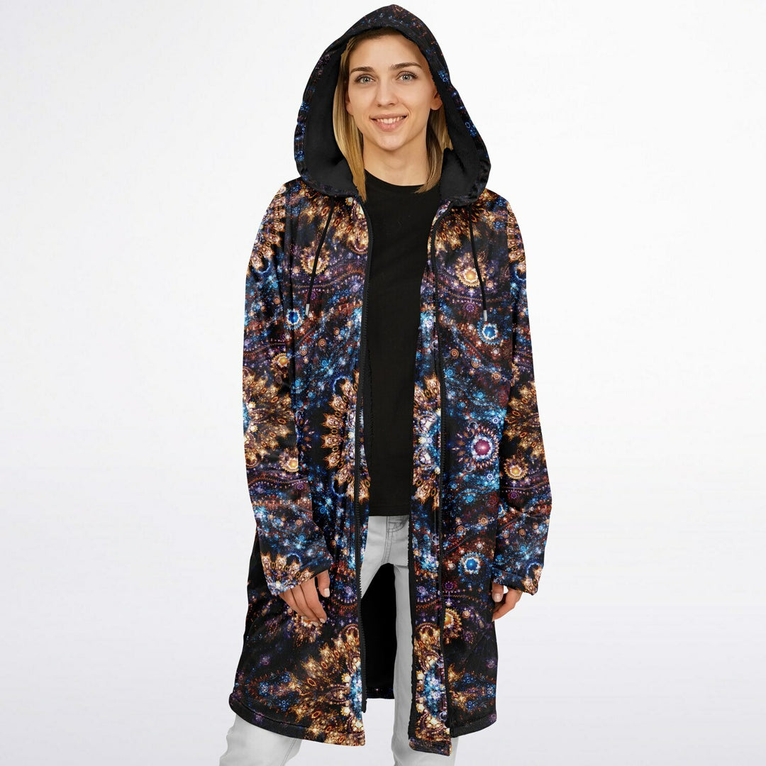 Cosmic Plane Cuddle Coat | Unisex Minky Sherpa Lined Coat with Hood, Zipper and Pockets | Women and Mens Festival Coat | Mountain Fashion
